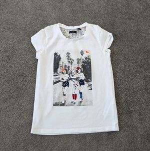 IKKS Girls' White Graphic T-Shirt with Lace Detail, Size 6A, Cotton